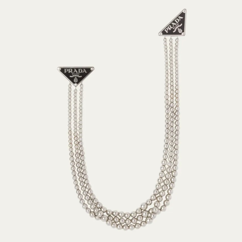 NIB Prada Triangle Ball Chain Brooch Necklace
